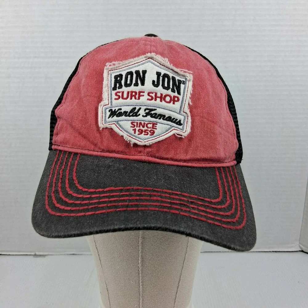 Ron Jon Surf Shop Trucker Hat Red Black Grey Distressed Patch Mesh Snapback OSFM